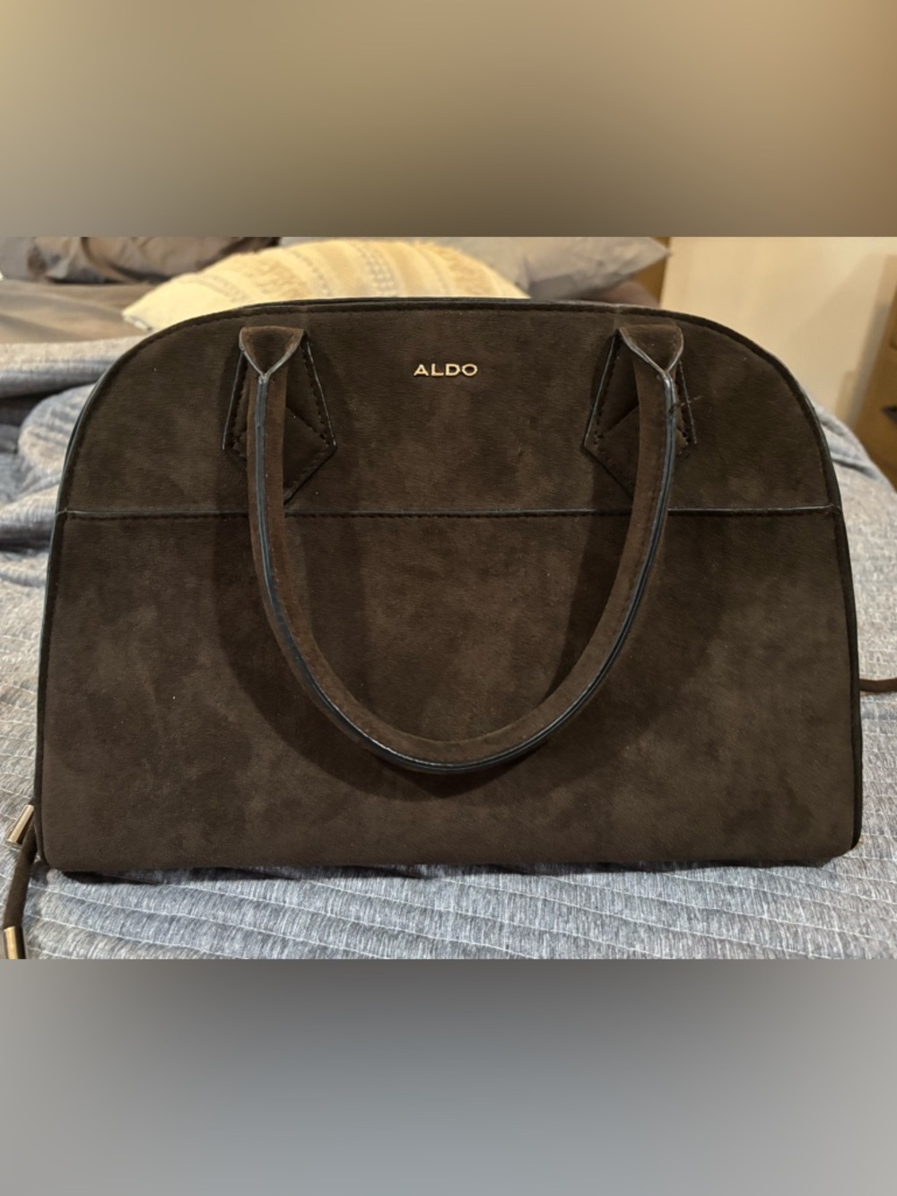 Aldo Dark Brown Suede Handbag with Gold Logo